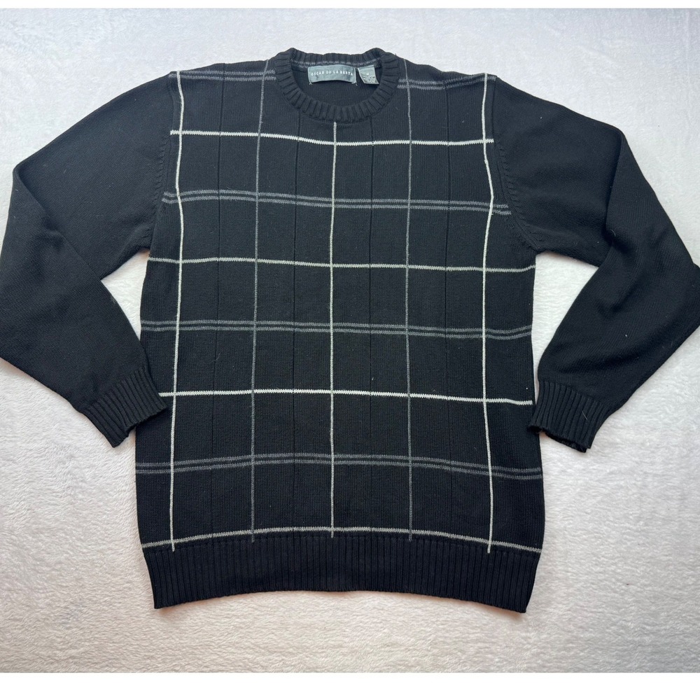 Oscar de la Renta Mens Black Windowpane‎ Check Cotton Crewneck Sweater Medium